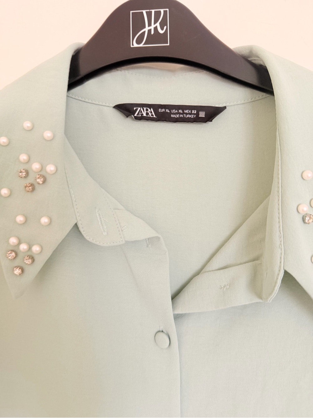 ZARA Mint Green Pearl & Crystal Collar Blouse